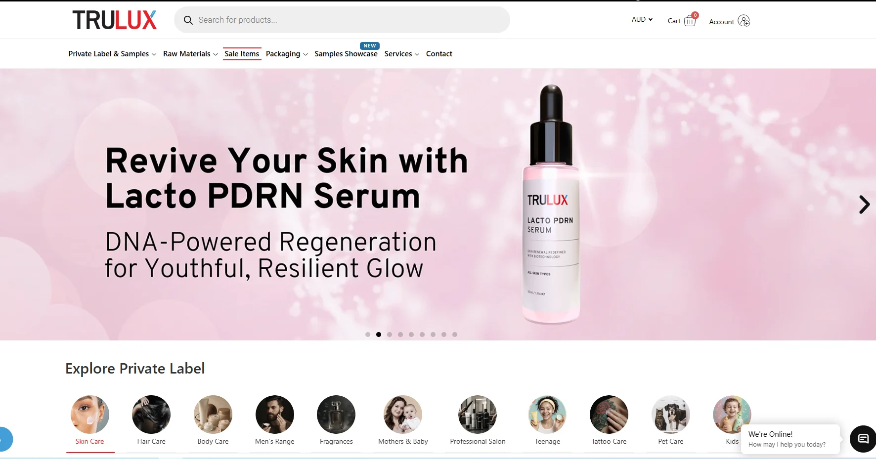 Trulux Lacto PDRN Serum banner with pink background, featuring a bottle of serum and promoting skin regeneration benefits.